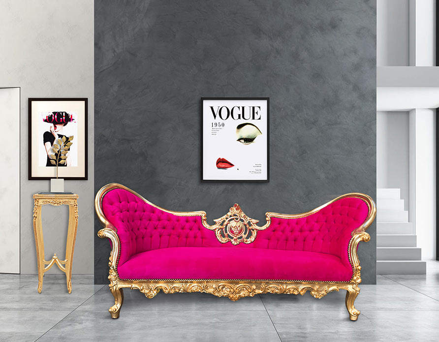 Wall lime paint with Napoleon III sofa fuchsia and gilded wood and white marble gilded harness Royal Art Palace